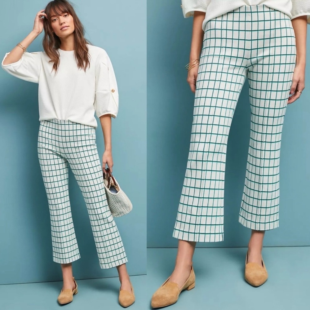 Anthropologie Essential Crop Flare Windowpane Pant Sz-S Grandmillennial Mod Y2K